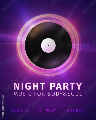 Abstract banner celebrating night party background. Retro vinyl disc on bright lights backdrop vector illustration .