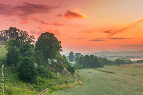 Colorful morning landscape in the morning, Poland, Tyniec near Krakow
