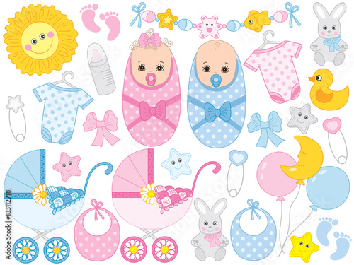 Vector Baby Shower Set with Cute Baby Boy, Baby Girl, Accessories and Toys