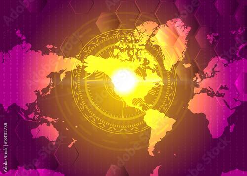 HUD atack design with world geographical map. Target on USA. America North Korea conflict.