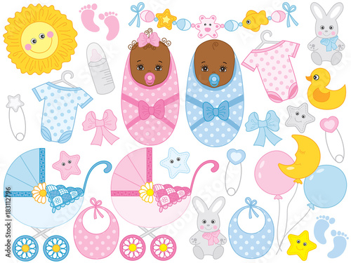 Vector Baby Shower Set with Cute Baby Boy, Baby Girl, Accessories and Toys
