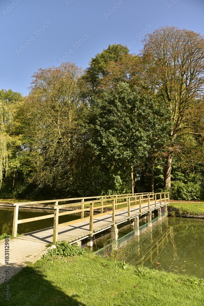 L'un des ponts en bois et son reflet dans l'eau enjambant un bras de l'étang principal ,au Vrijbroekpark à Malines