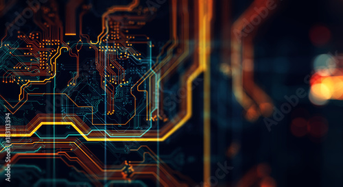 Printed circuit board/Abstract technological background made of different element printed circuit board. Depth of field effect and bokeh, can be used as digital dynamic wallpaper