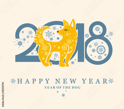 Cute card with a Yellow Dog in circle. New Year's design. 2018