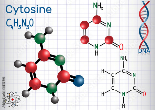 Cytosine (C) - pyrimidine  nucleobase, fundamental unit of the genetic code in DNA and RNA. Sheet of paper in a cage