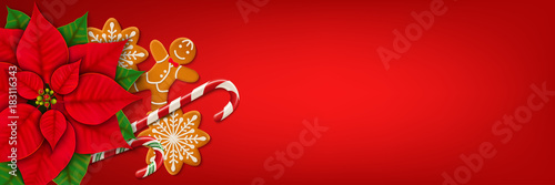 Horizontal Christmas web banner. Poinsettia, gingerbread cookies, candy canes and place for your text on the bright red background. Top view. Vector