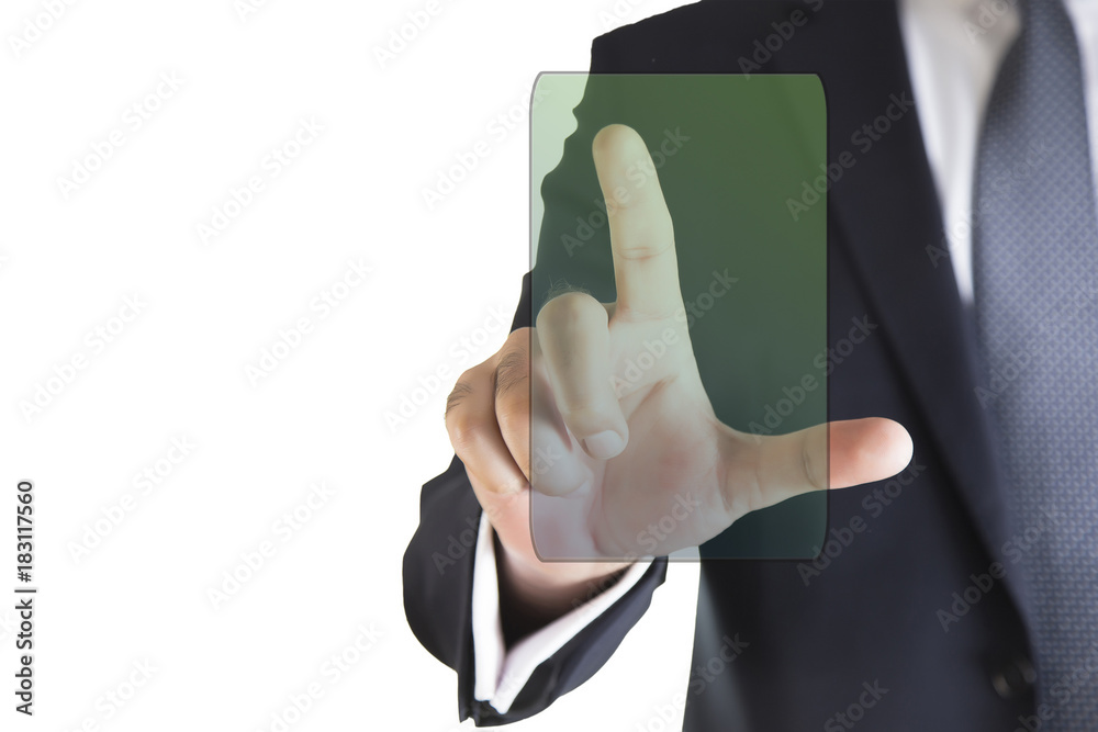 Close up of businessman touching digital screen with finger 