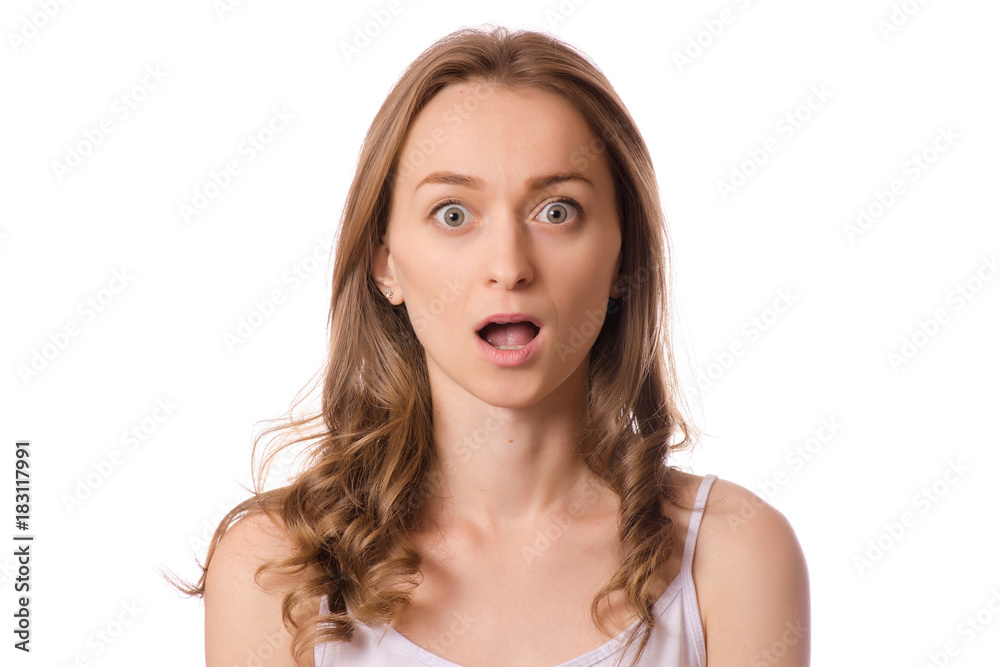 Beautiful young woman emotion shock funk isolated