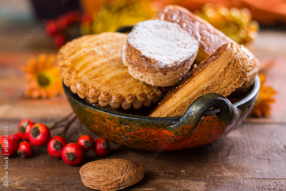 Autumn dessert, stuffed cookies on the wooden table, Thanksgiving food concept Autumn dessert, stuffed cookies on the wooden table, Thanksgiving food concept