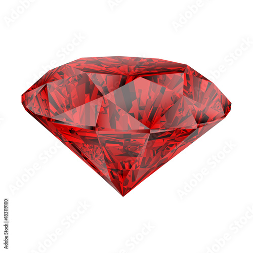 Realistic red ruby isolated on white background. Shining red jewel, colorful gemstone. Can be used as part of logo, icon, web decor or other design.