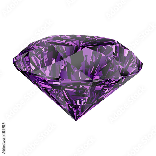 Realistic shining purple amethyst jewel isolated on white background. Colorful gemstone that can be used as part of logo, icon, web decor or other design.