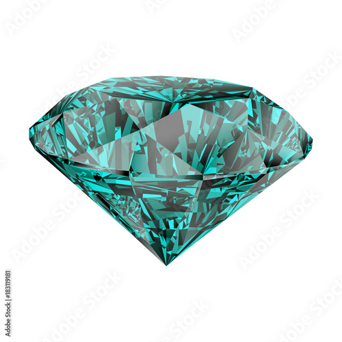 Realistic shining green emerald jewel isolated on white background. Colorful gemstone that can be used as part of logo, icon, web decor or other design.