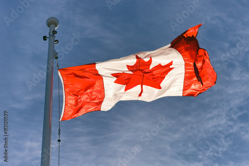 Flag of Canada flying against a blue sky in Vancouver, BC, Canada photo