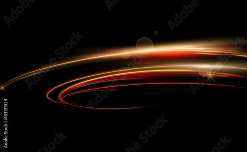 Vector illustration of dynamic lights in dark background. High speed in night time abstraction. Car light trails motion ackground.
