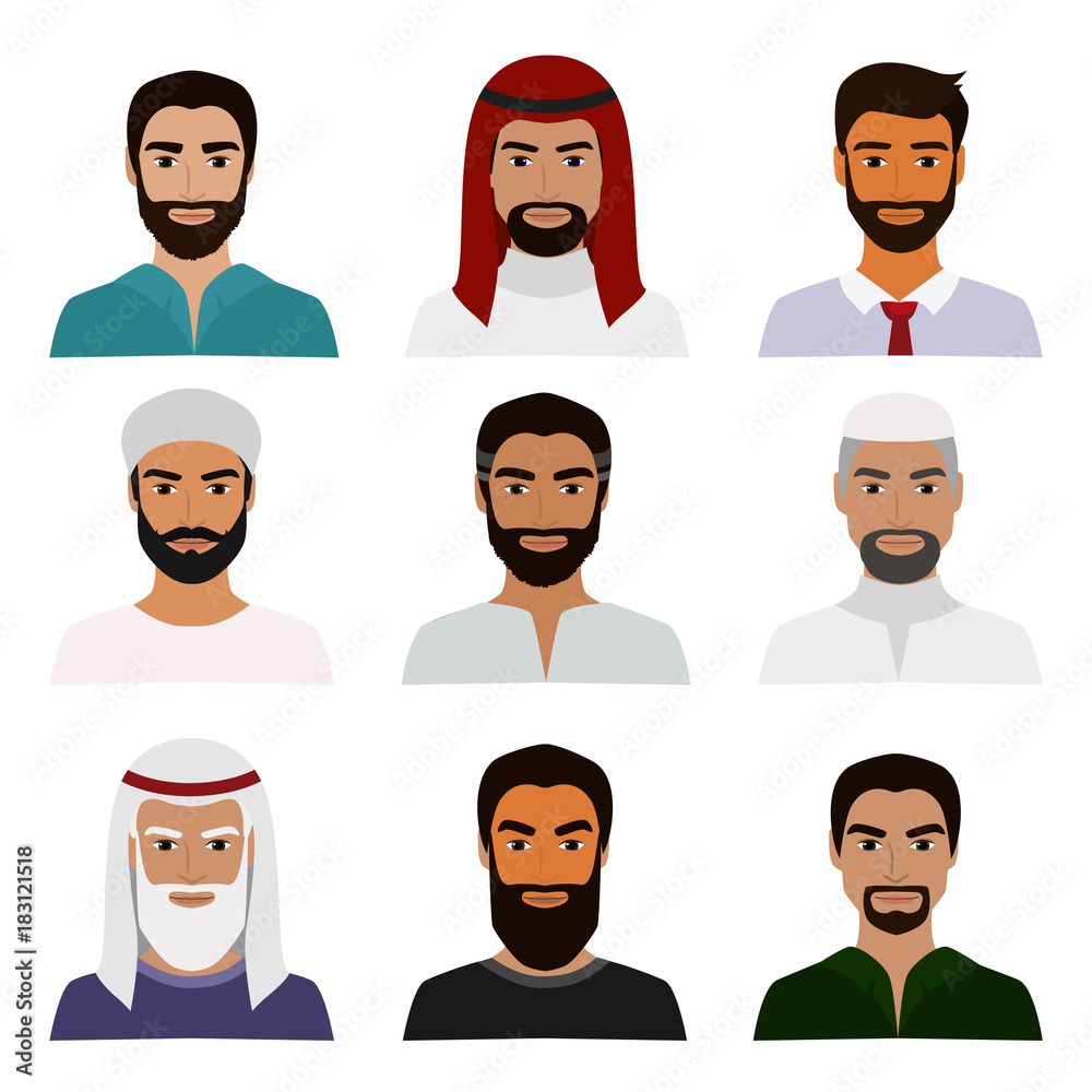 Vector illustration set of muslim avatars, vector arab man icon, saudi  characters, arabic businessman in national clothes portraits in flat style.  Stock Vector | Adobe Stock