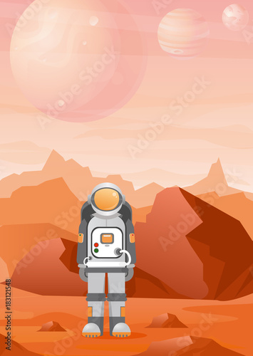 Vector illustrations of astronaut on Mars planet with red mountains landscape. astronomy, space exploration, colonization in flat style.