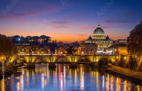 Rome skyline at sunset as seen from Umberto I Bridge, Italy.