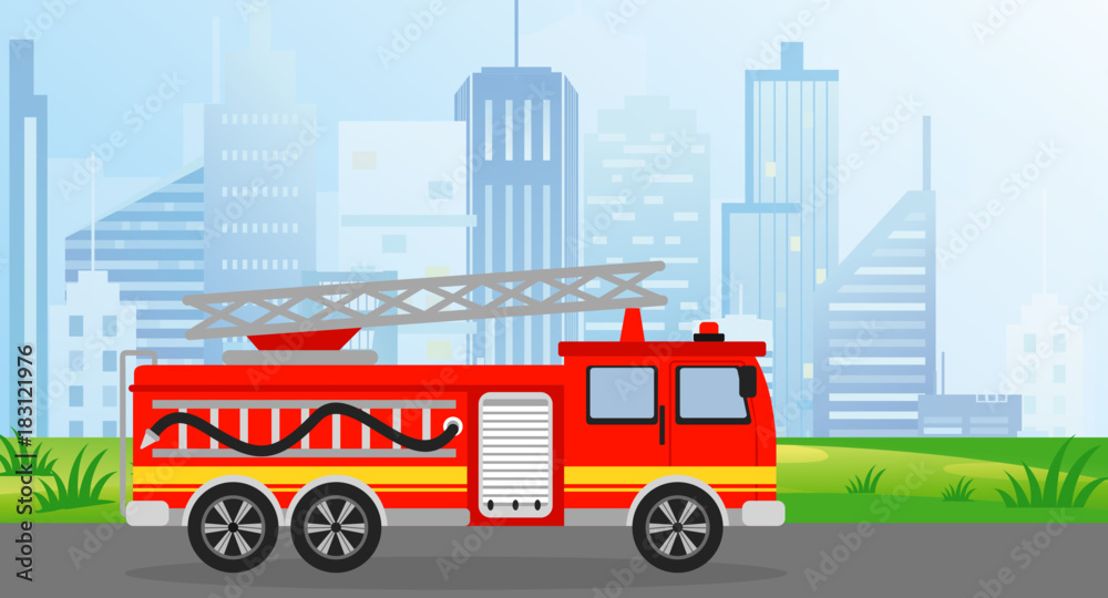Vector illustration fire truck in flat style on modern city view background.