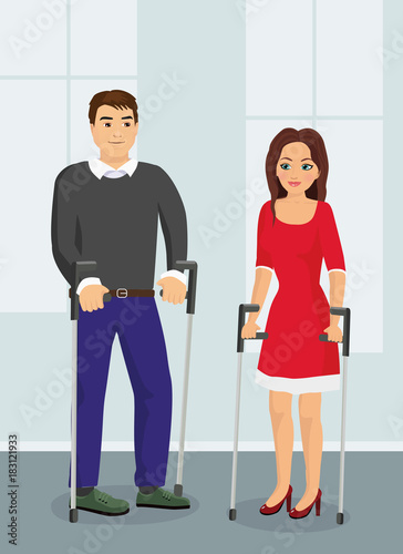 Vector illustration of people with crutches. Disabad man and woman talking on the street in flat style.