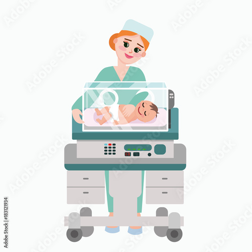 Vector illustration of pediatrician doctor with baby. Nurse examining newborn kid inside incubator box. Child care clinic in flat style.