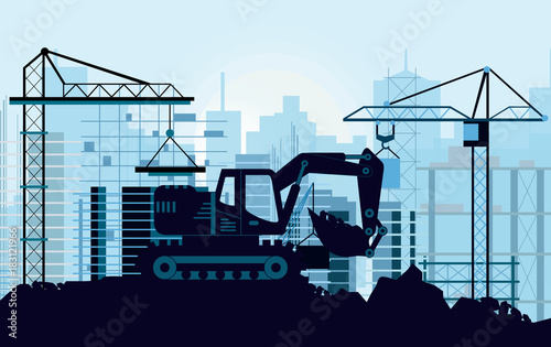 Vector illustration of ground works on construction concept. Excavator digging ground silhouette of buildings and cranes on background in flat style.