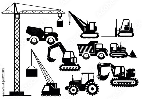 Vector illustration set of excavators and heavy construction machines icons. Silhouette illustration equipment and machinery on white background.