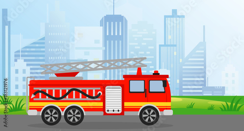 Vector illustration fire truck in flat style on modern city view background.