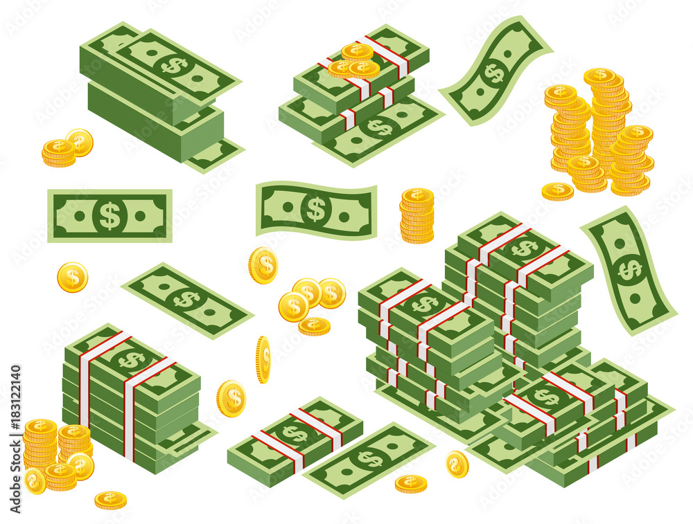 Vector illustration of dollars bundles scattered, stacked with different sides isolated on white background. Dollars banknotes with coins set in flat style.