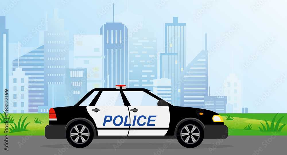 Vector illustration of Police Patrol Car on modern city background in flat style.
