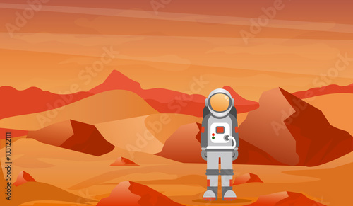 Vector illustration astronaut in a spacesuit on Mars or another planet with prcky desert landscape.