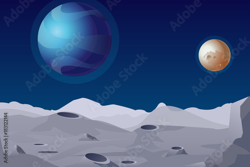 Vector illustration of Lunar landscape with craters. Beautiful planets on background.