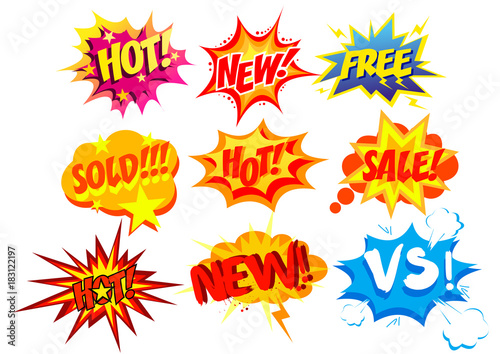 Vector illustration set of bright and colorful cartoon labels. Comic speech bubble background Pop art style.