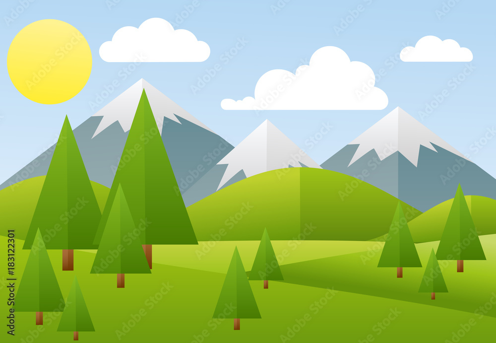 Vector illustration of spring landscape, mountain, forest in flat style.