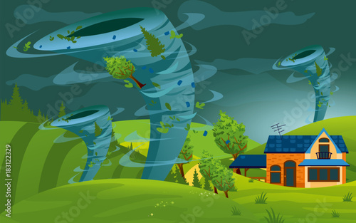 Vector illustration of tornado storm hit the town. Hurricane in village destroy building, fields and trees in flat style.