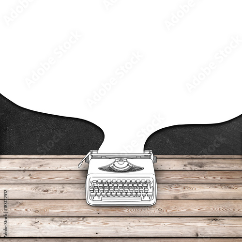 Sketch drawing of typewriter with white cartoon bubble