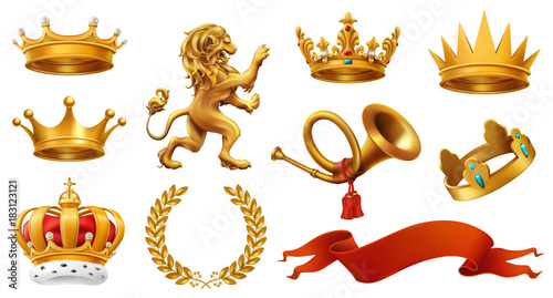 Gold crown of the king. Laurel wreath, trumpet, lion, ribbon. 3d vector icon set