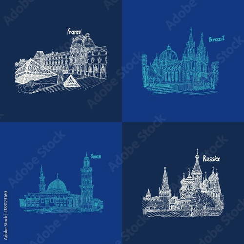Canvastavla blue sketch pattern architecture travel countries