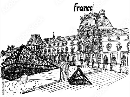 Papier peint France Louvre black and white sketch vector artwork