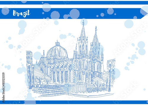 Blue Brazil Cathedral San Paulo sketch handmade postcard