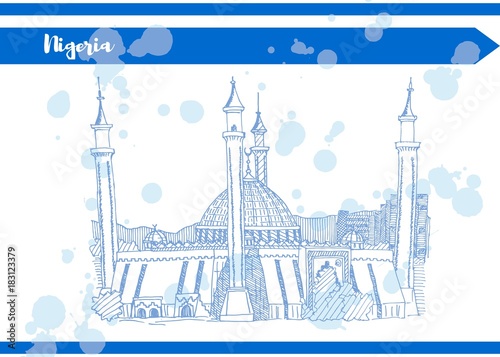 Blue old mosque in nigeria postcard for tourism advertisement