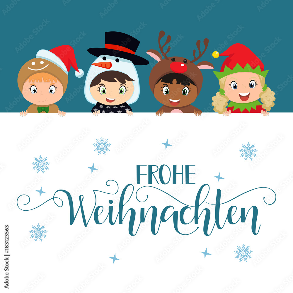 Santa's Helpers - elf, snowman, reindeer, gingerbread holding poster. Merry Christmas hand drawn calligraphy lettering. German Text Frohe Weihnachten: Happy Christmas Santa's Helpers - elf, snowman, reindeer, gingerbread holding poster. Merry Christmas hand drawn calligraphy lettering. German Text Frohe Weihnachten: Happy Christmas