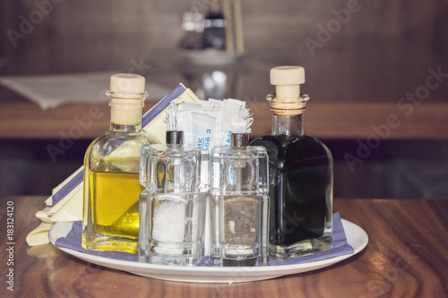 Set For Oil Vinegar Salt Pepper And Toothpicks In The Restaurant
