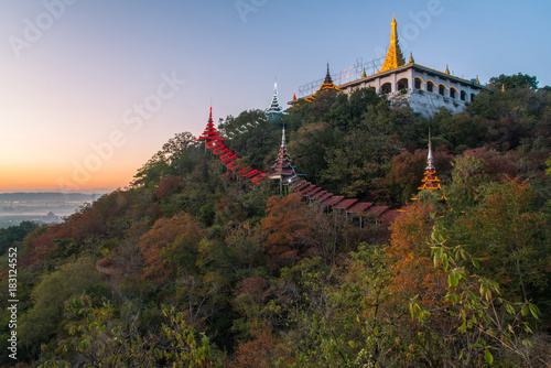 The temple on Mandalay Hills in Mandalay during the sunset in Myanmar.