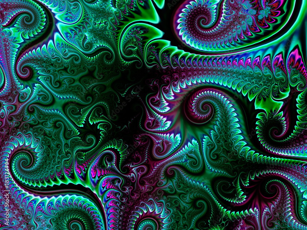 Spirals green and pink on black