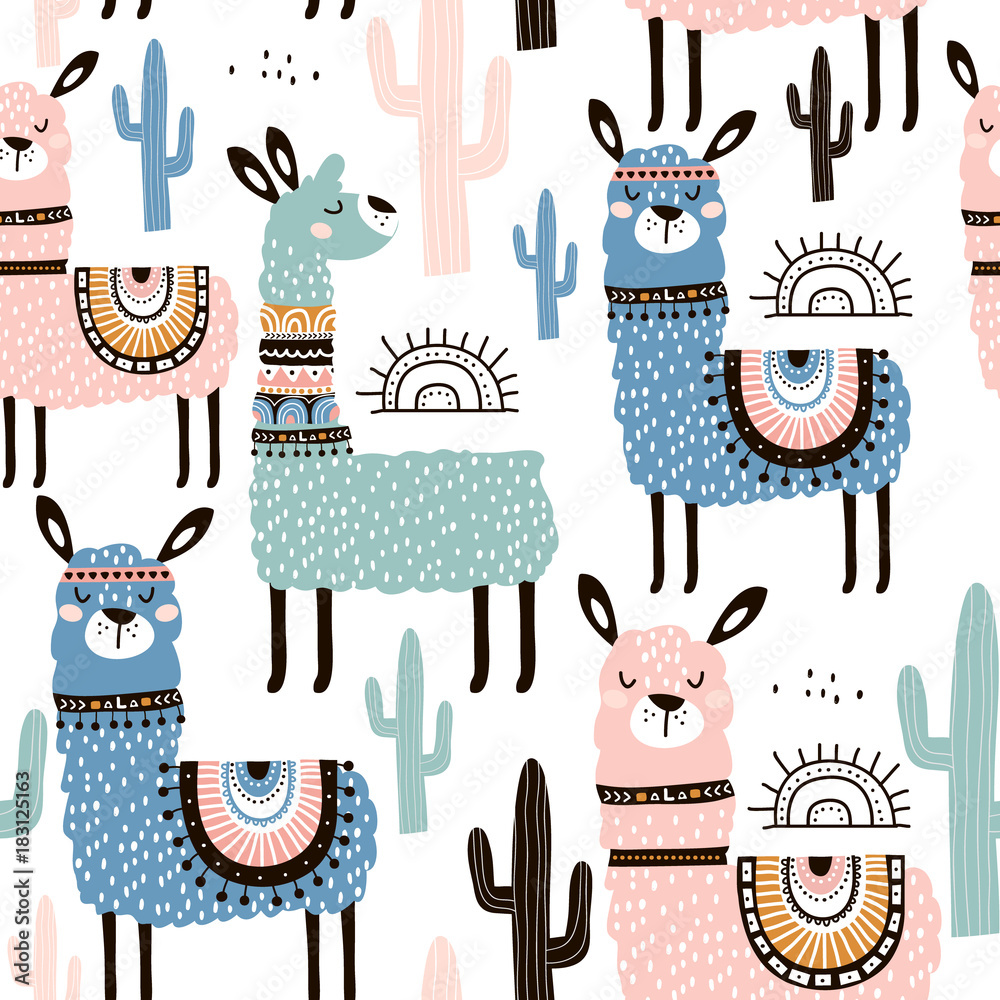 Seamless pattern with llama, cactus and hand drawn elements. Creative childish texture. Great for fabric, textile Vector Illustration