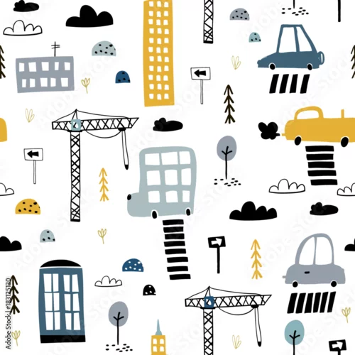 Tapety Wzór z ręcznie rysowane druk miasta. Wieżowiec kreskówka, samochody, znak drogowy, zebra wektor ilustracja. Idealny dla dzieci tkaniny, tkaniny, tapety przedszkola