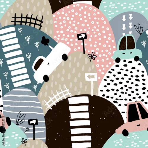 Tapety Wzór z ręcznie rysowane ładny samochód i wzgórza. Cartoon samochodów, znak drogowy, zebra ilustracji wektorowych przekraczania. Idealny do tkanin dziecięcych, tkanin, tapet dziecięcych