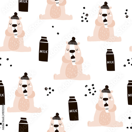 Seamless pattern with cute little bear with milk bottle and hand drawn elements. Creative childish texture. Great for fabric, textile Vector Illustration