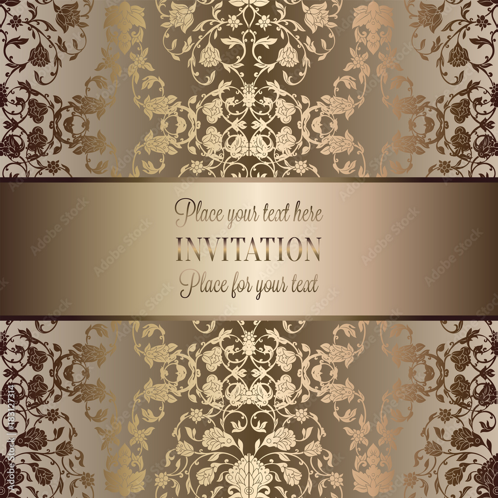 Vintage baroque Wedding Invitation template with butterfly background. Traditional decoration for wedding. Vector illustration in beige and gold