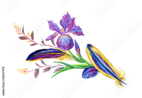 Bouquet of purple iris  feathers and twigs  watercolor painting on white background.